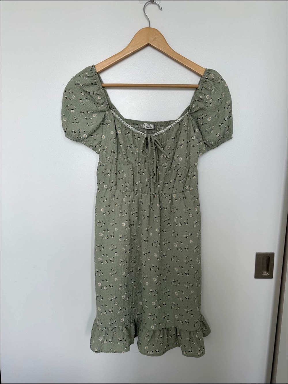 Smocked Sage Green Floral Mini Dress with Puff Sleeves